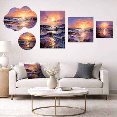 Jaune et mauve, coucher de soleil océan Embrace IV - Coastal Vibrant Mixed Media, art mural 5 panneaux (100 po x 40 po)
