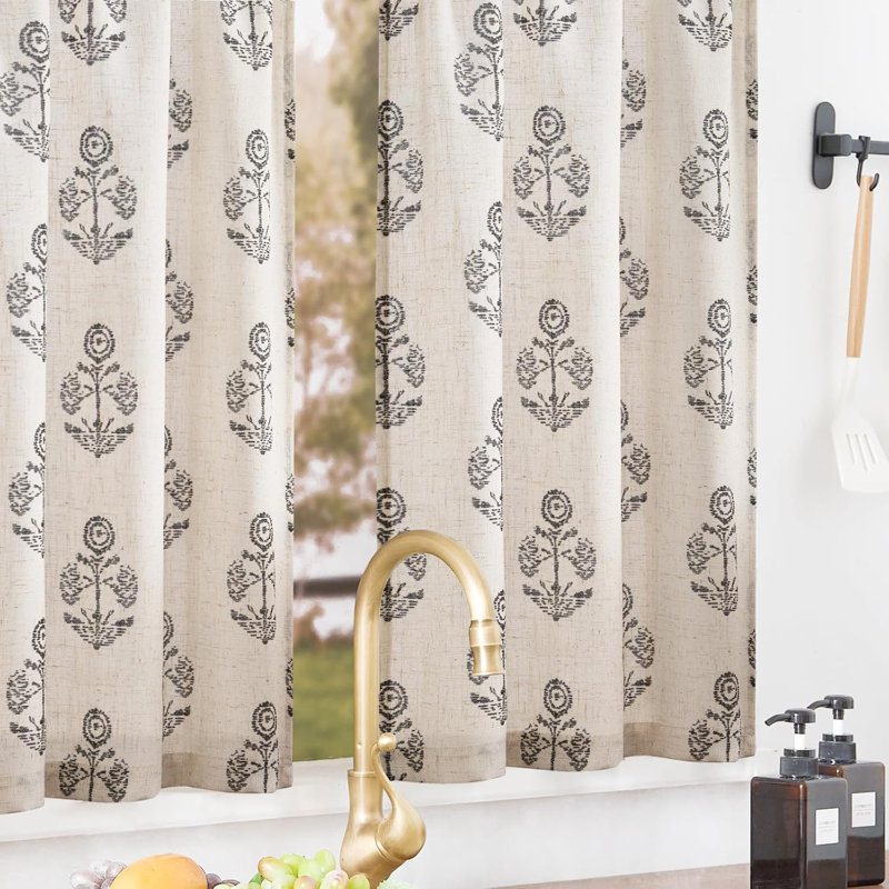 Rideaux en lin à motif floral avec passe-tringle, L 26 po x L 24 po, Noir, noir, noir, noir