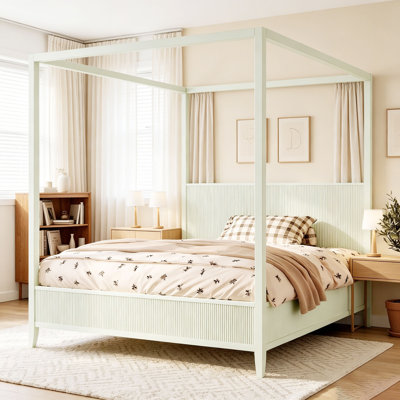 King size Wooden Canopy Platform Bed, Solid Wood Four-Poster Bed with Fluted Headboard, Support Slats, No Box Spring,Beige