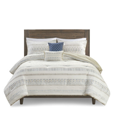King/ King Comforter With Pillows - Taupe And Blue Seersucker Print, , 100% Microfiber 5 Piece Soft In Blue, Washable Bedding