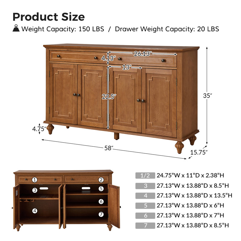 Buffet Aleq de 58 po avec porte-verres à pied et tablettes réglables, Gland