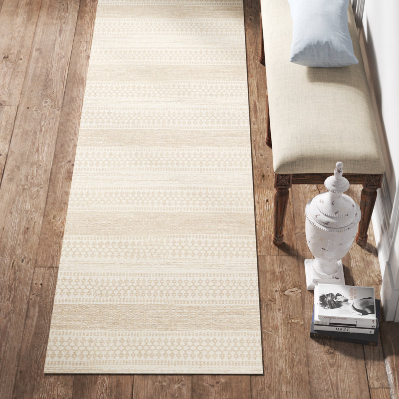 Tapis crème / taupe en laine tissé à plat à la main Sylvia, Tapis de couloir 2 pi 6 po x 8 pi