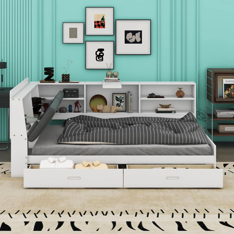 Lit plateforme en bois avec 2 tiroirs et tablettes et tête de lit avec rangement Hesson, Blanc