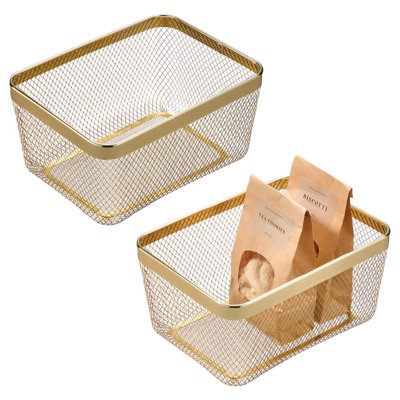 Metal Mesh Pantry Basket for Kitchen Organization and Storage - Set of 2 - Gold