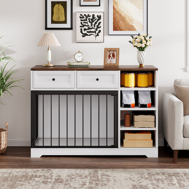 Large Dog Crate Furniture, 47” Dog Crate With 2 Drawers And 4 Shelves, White