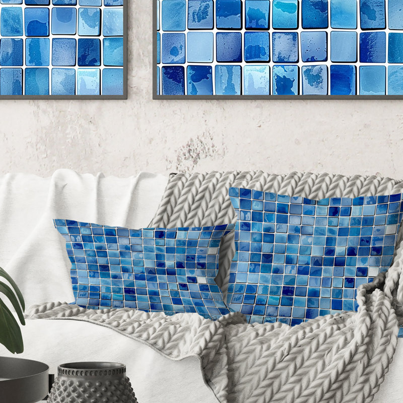 Coussin Blue Midcentury Mosaic Tiles - Midcentury, H 16 po x l 16 po