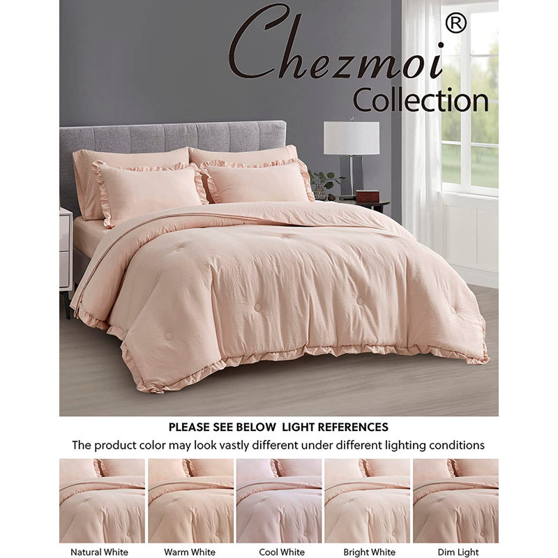 Ruffled Edge Microfiber Bed in a Bag Comforter Set, Queen Comforter + 6 Additional Pieces, Blush