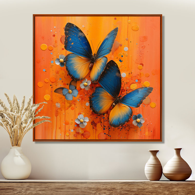 «Blue Orange Butterfly Wings Beauty II», impression d'art mural papillon, Cadre flottant brun, H 16 po x l 16 po