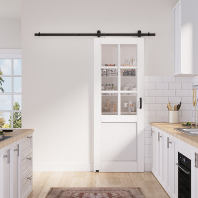 28in.x 80in.6 Lite Clear Glass White Door Slab Prefinished Surface With All Barn Door Hardware Kit