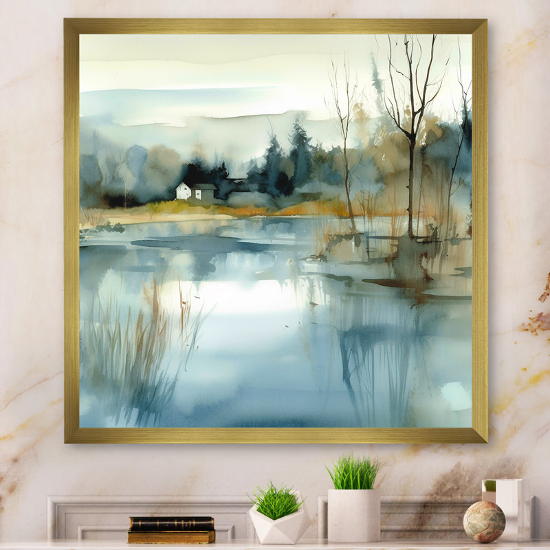 Summer Lake Landscape Illustration V - Lake, art mural, H 36 po x l 36 po x P 1,5 po, Cadre doré simple