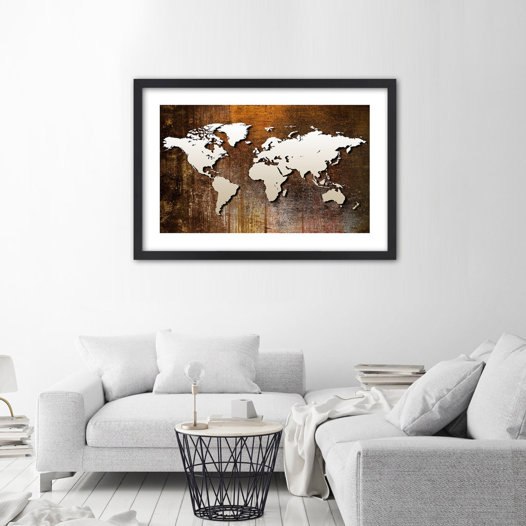 Gerahmter Grafikdruck World Map on Wood