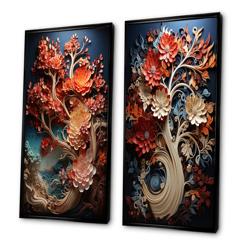 Coral Organic Tree Harmony - Ensemble de 2 décorations murales séquoia, H 28 po x l 25 po, Cadre flottant noir