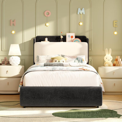 Chenille Fabric Twin Bed Frame with Upholstered Shelf Headboard, Soft Plump Backrest, Rounded Corners
