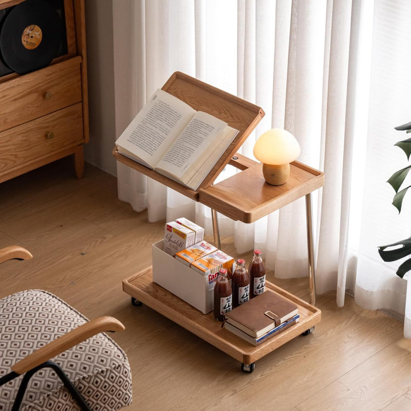Table de bout en bois massif avec roulettes, Simple, Chêne naturel