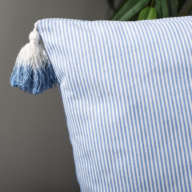 Blue and White Square Embroidered Decorative Pillow with Tassels
