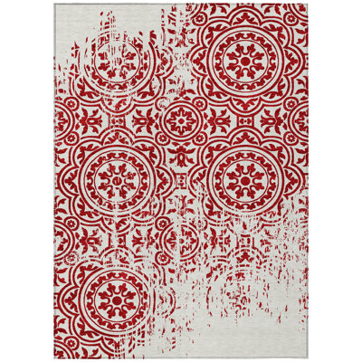 5' X 8' Red And Ivory Medallion Washable Indoor Outdoor Area Rug