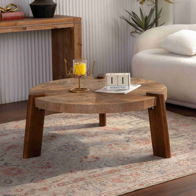 Table basse ronde à chevrons - Table basse rustique en bois massif et panneau de fibres à densité moyenne avec pieds fuselés, pour le salon