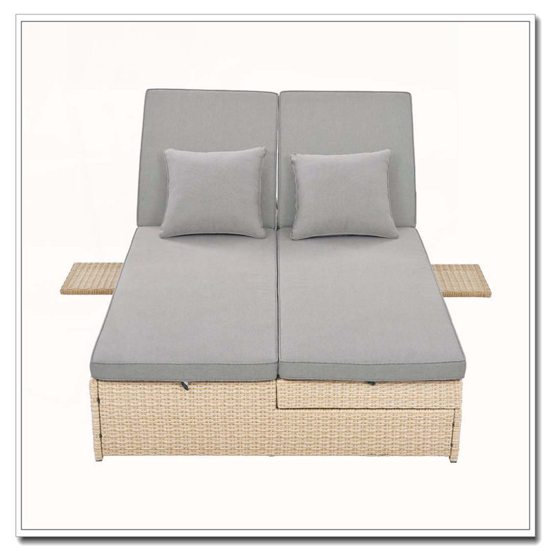 Outdoor Double Sunbed, Wicker Rattan Patio Reclining Chairs with Adjustable Backrest and Seat, Brown