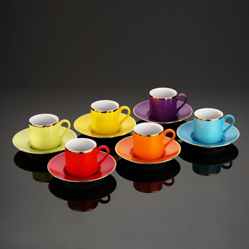 Ensemble de 6 tasses à café, Jaune / turquoise / mauve / rouge