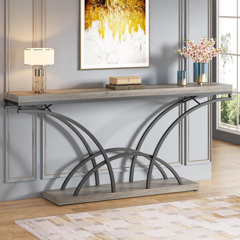 Mona 70.86'' Extra Long Console Accent Table for Entryway with Half-Moon Metal Frame, Gray/Black
