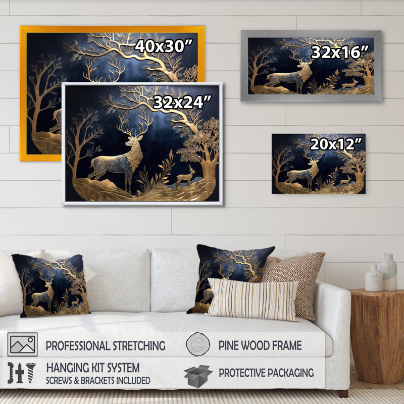 Golden Deer In Forest II, 12" H x 20" W x 1" D, Silver Floater Framed