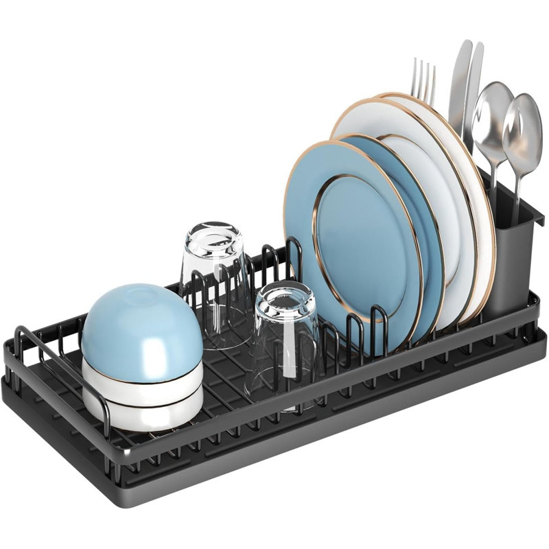 Séchoir à vaisselle compact avec tapis en silicone et porte-ustensiles, conception peu encombrante pour les petites cuisines