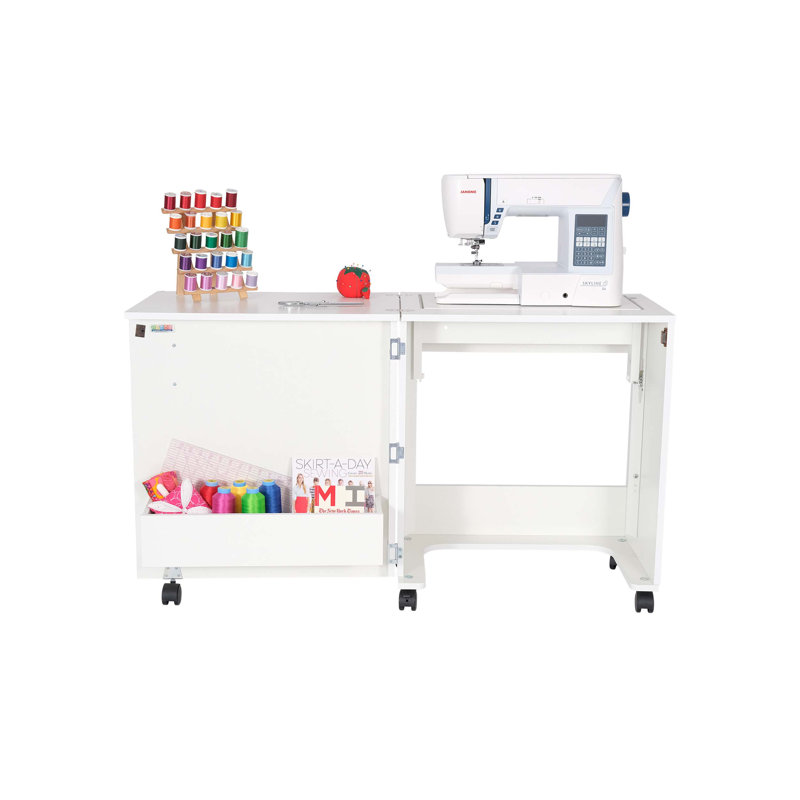 White Compact Hydraulic Lift Sewing Cabinet with Storage