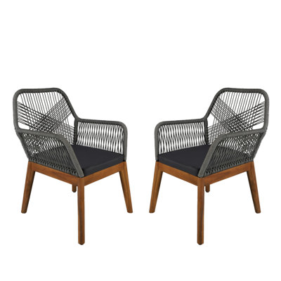 2 pièces de chaise d'extérieur en bois d'acacia avec des coussins noirs