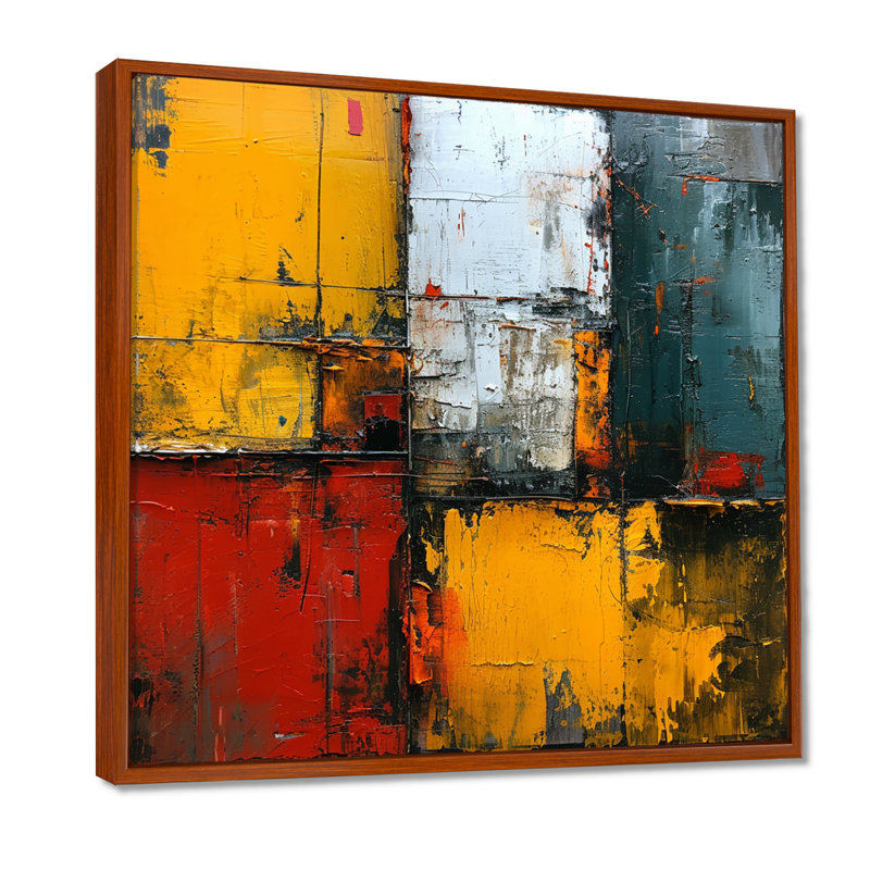 Cubiste, tranquillité, jaune, rouge, bleu, abstrait, art mural, Toile avec cadre flottant brun, H 36 po x l 36 po x P 1,5 po