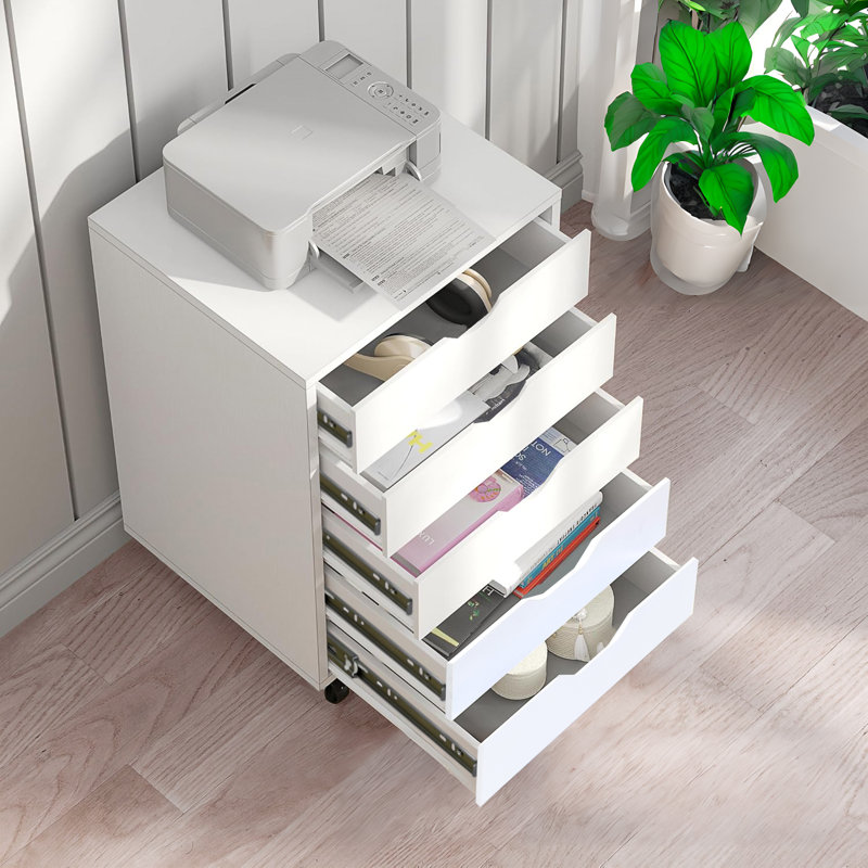 FixtureDisplays® 17 X 15 X 25" 5-Drawer Cabinet, White Bedside Table Nightstand, Slide Drawer, Easy Mobility on Wheets 10200