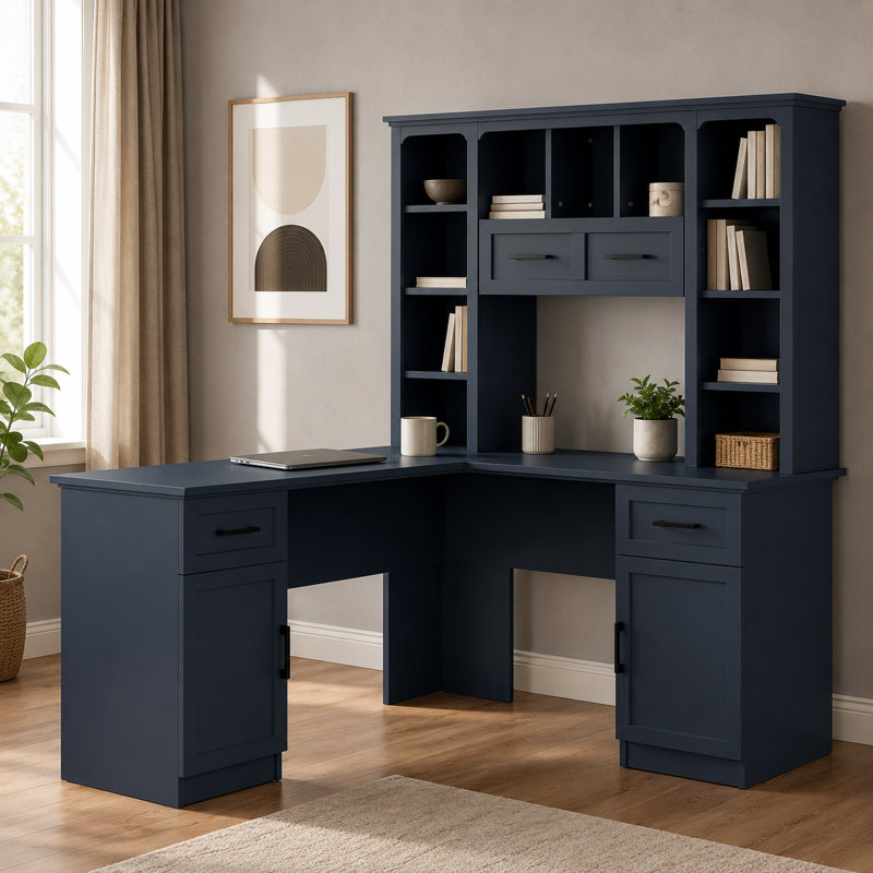 Bureau en L avec grand rangement, tablette rabattable, pour le bureau et le travail, Blue