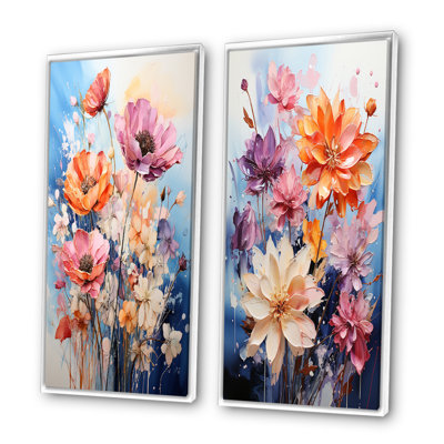 " Multicolored Seasonal Flowers On Blue " 2 - Pieces