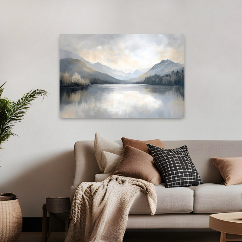 Art mural contemporain abstrait Misty Mountains Lake, 32" H x 48" W