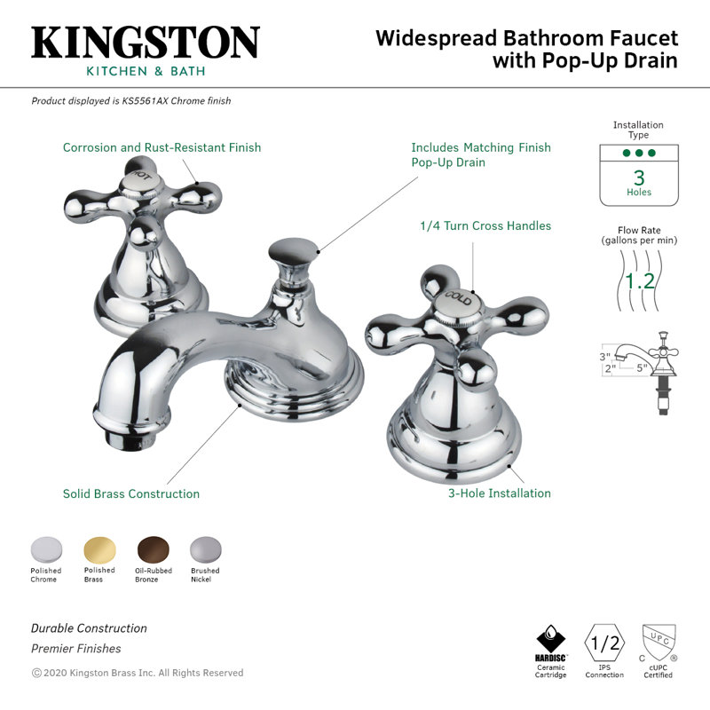 Robinet de salle de bain espacé à 2 poignées et 3 poignées Kingston, Bronze huilé