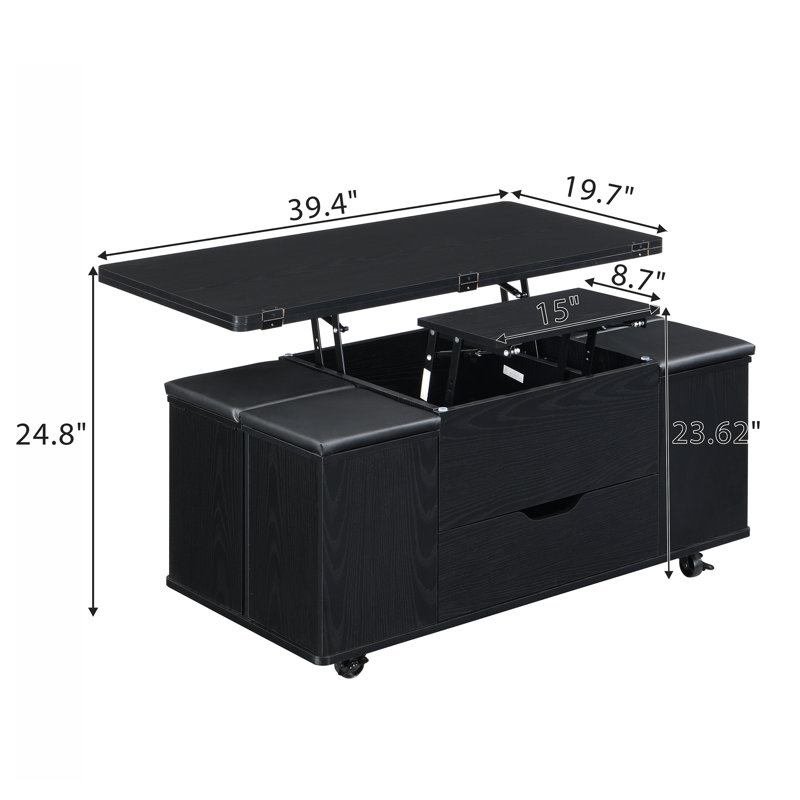 Table basse multifonctionnelle à plateau relevable avec rangement et tabourets cachés, Noir, Noir