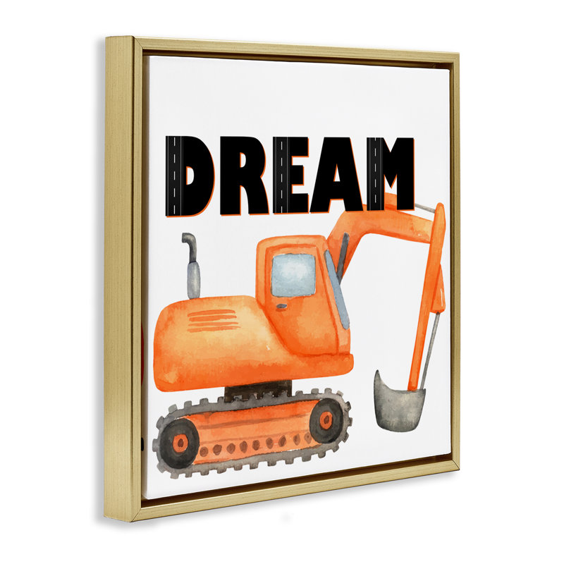 «Dream with Orange Excavator Floating Frame», conception de Kim Allen, H 18 po x l 18 po, Cadre flottant métallique doré