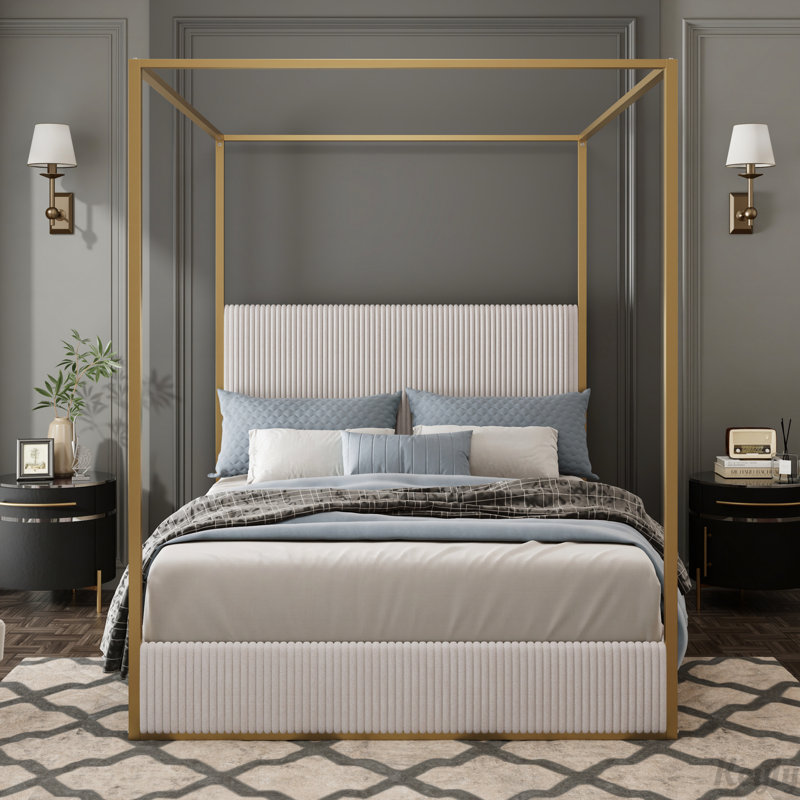 Metal Canopy Bed with Tall Upholstered Headboard and Four Poster, No Box Spring Needed, Queen, Beige/Gold