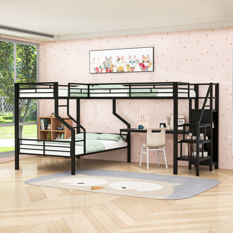 Harriet Bee Twin Over Full and Twin L-Shaped Bunk Bed with Built-in Wardrobe and Desk with USB
