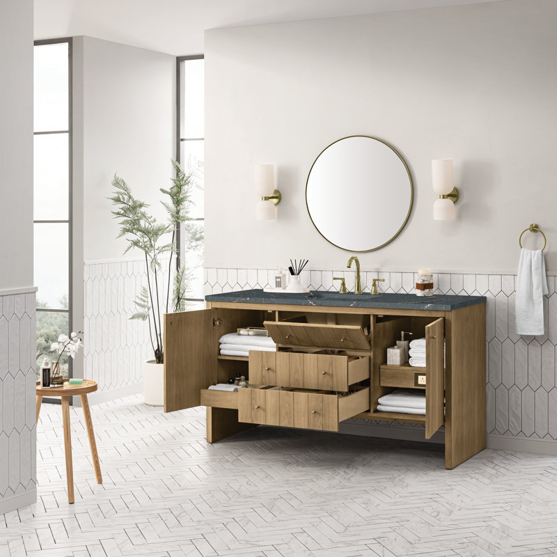 Hudson 60'' W Single Vanity, Parisien Bleu, 8" Widespread, Light Natural Oak