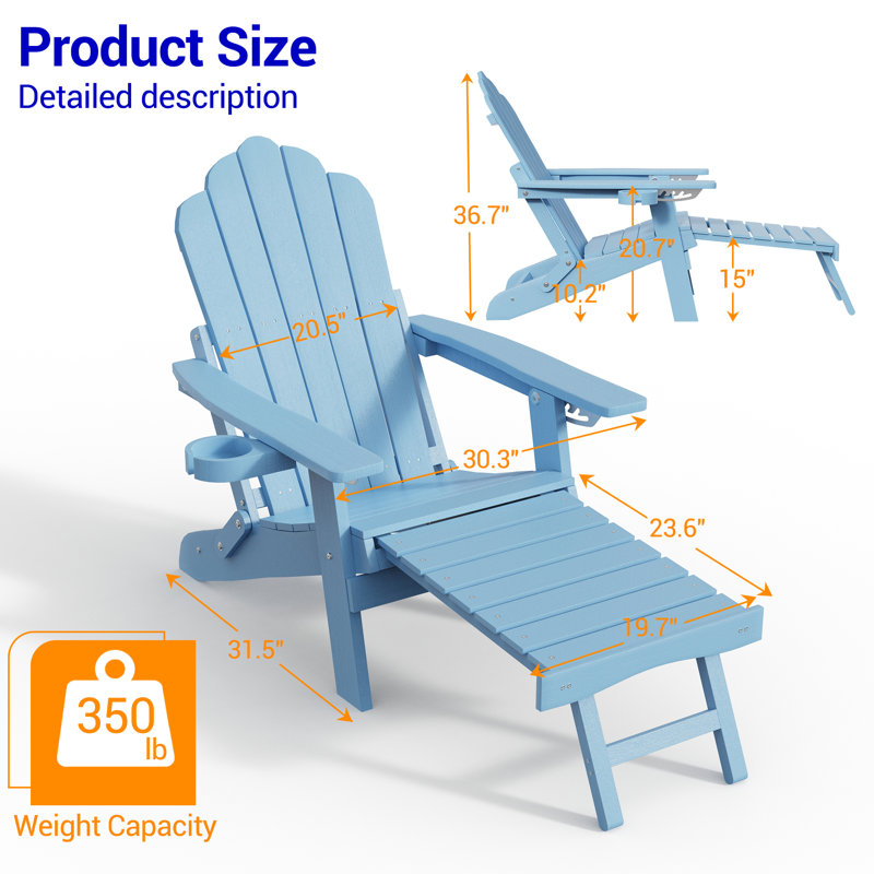 Folding Adirondack Chair with Cup Holders, Fire Pit Chair with Retractable Ottoman, Multifunctional HIPS Chair for Patio