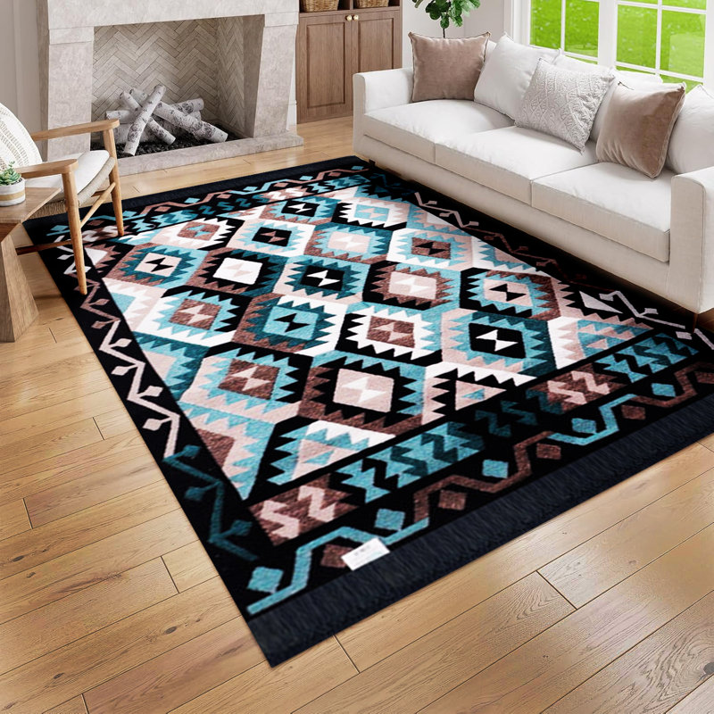 Bigghome Rugs, Machine Washable 3x5 Reversible Traditional Turkish Patterns Blue and Black, Rectangle 3' x 5'