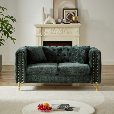 Chenille de 60 po pour salon grandeur, boucle à bouton, boutons, accoudoir décoré de clous en cuivre, canapé rembourré moderne avec pieds en métal, capitonnage à 2 sièges et ornement,