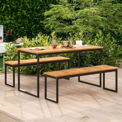 Patio Dining Bench Set Of 2, 2-3-Person Backless Bench With Slatted Seat & Metal Legs, Indoor Outdoor Bench For Entryway, Front Porch, Garden, Poolsid