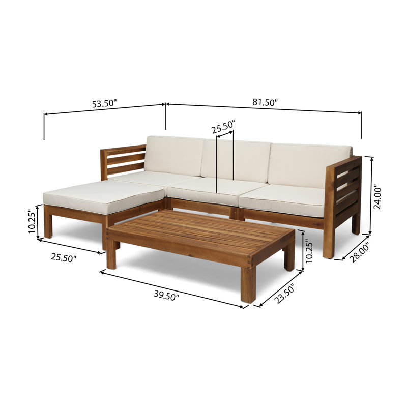 Ensemble de conversation modulaire avec coussins 4 pièces Gislaine, Structure teck / coussin beige