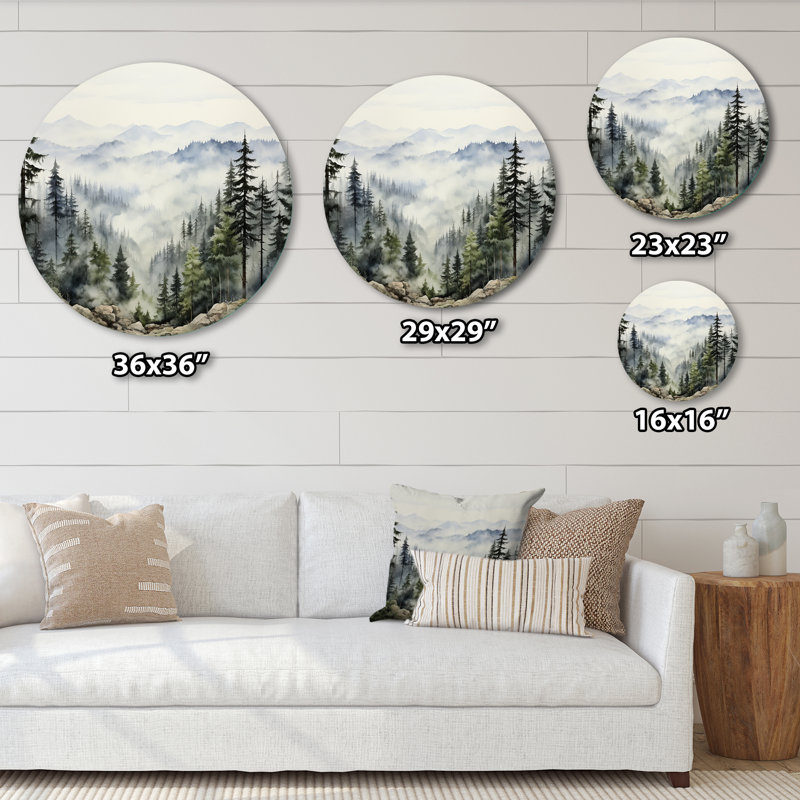 Pin, montagne brumeuse I - Art floral rond en métal, H 29 po x l 29 po
