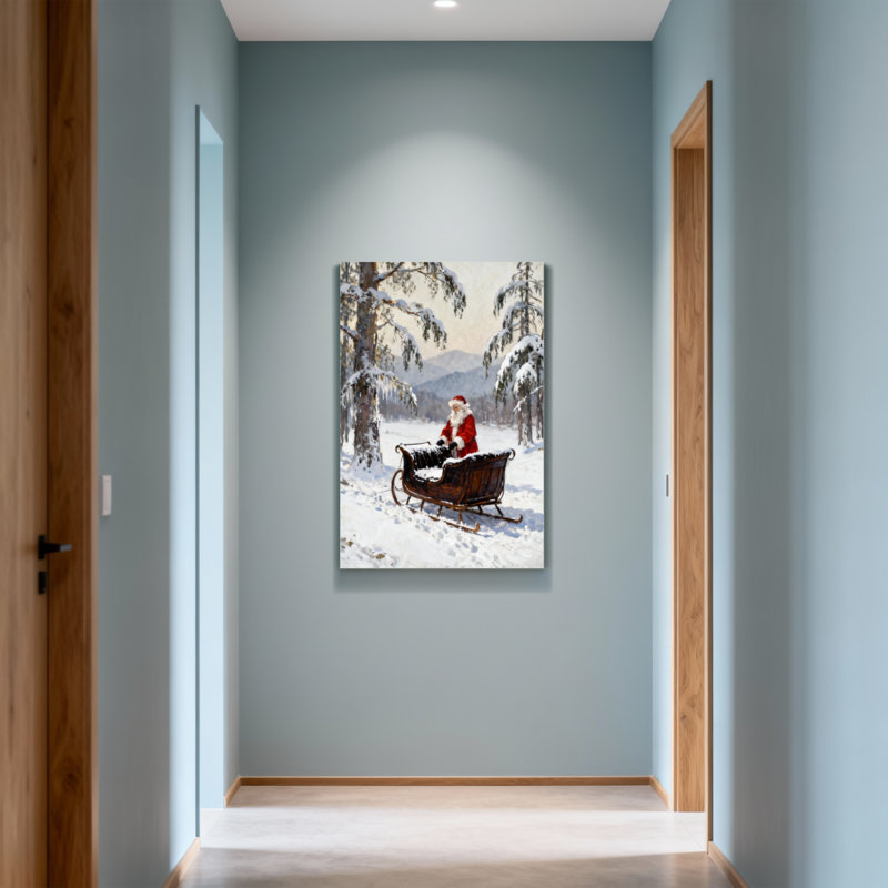 Noël père Noël dans un paysage d'hiver en traîneau, H 30 po x l 20 po