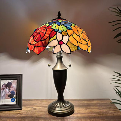Lampe de table Tiffany en verre teinté orange rouge avec fleurs roses et ampoules DEL incluses: l 14 po x P 14 po x H 21 po