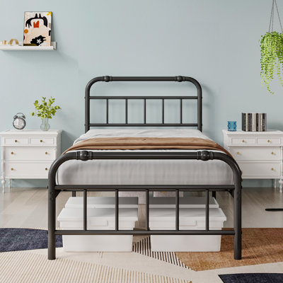 14 Inch Metal Twin XL Bed Frame with Headboard, Heavy Duty Industrial, 3500 lbs Capacity, Noiseless Non-Sway, Black, Easy Assembly, No Box Spring Needed