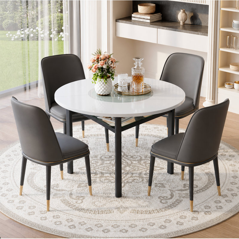 Table de salle à manger ronde de style moderne du milieu du siècle (42 po) avec incrustation en verre trempé et tablette inférieure