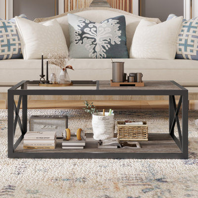 Table basse moderne pour chambre à coucher et salon, verre trempé et panneau de fibres à densité moyenne rustique, table basse de style industriel